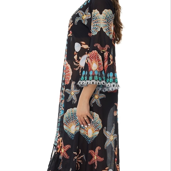 RANEES STARFISH RUFFLE DUSTER IN BLACK; One Size Fits Most,Size:Os P - Picture 3 of 12